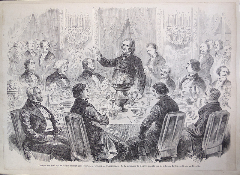 Banquet des écrivains et artistes dramatiques français, à l'occasion de l'anniversaire de la naissance de Molière, présidé par M. le baron Taylor. Lithographie d'après le dessin de Marcelin, 1859. Inv. 5215